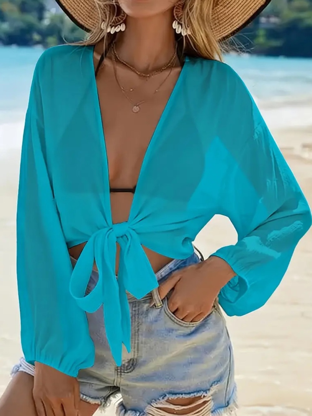 NWT Turquoise Tie-Front Long Sleeve Crop Top